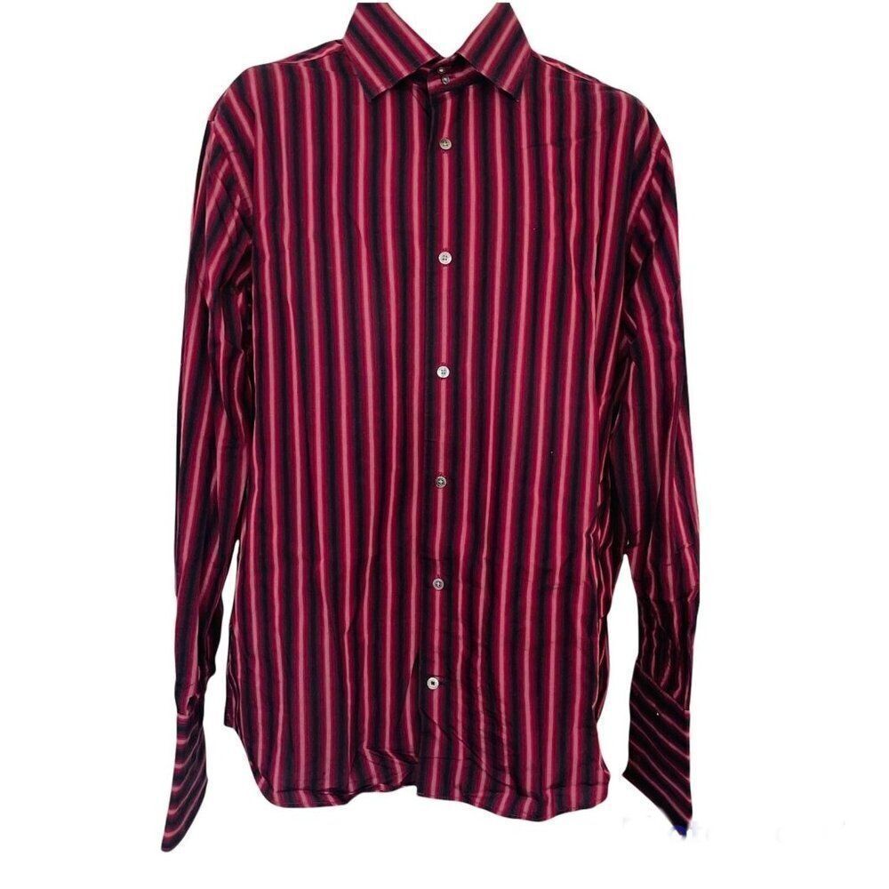 Banana Republic Dress Shirt Mens L 16-16 1/2 Red Black Striped Long Sleeve